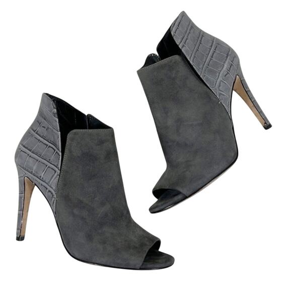 Sigerson Morrison Heeled Booties Womens 8.5 Gray Suede Croc Embossed Peep Toe - Picture 1 of 7